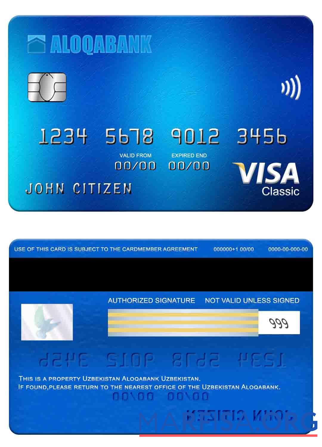 Realistic Uzbekistan Aloqabank visa classic card example